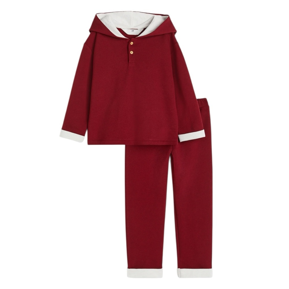 H&M Kids Full Cotton Fleece Set with Lined Hood, Pom Pom and Contrasting Cuffs